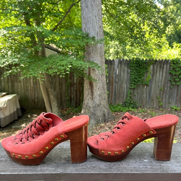 Michael Kors Red Leather & Suede Mules with Chunky Heel - Picture 1 of 3